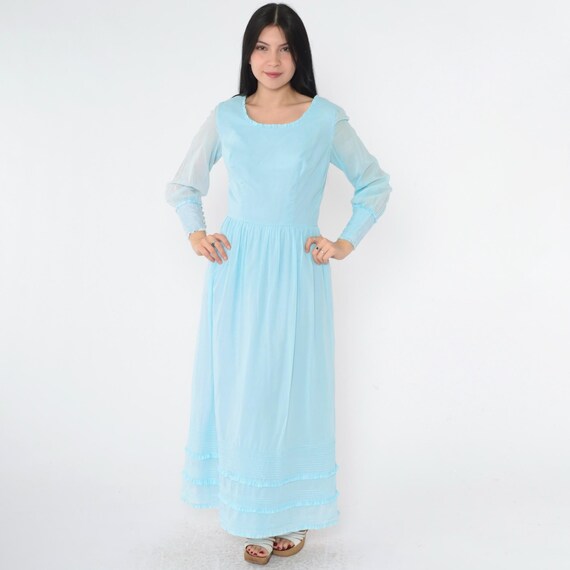 1970s Baby Blue Maxi Dress Vintage 70s Prairie Gown High Waist Boho Grecian Party Long Sleeve Ruffled Scoop Neck Bohemian Formal Small 4