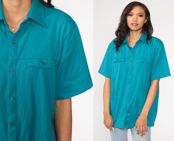 Teal Blue Shirt 80s Button Up Shirt Basic Short Sleeve Shirt 1980s Vintage Normcore Plain Retro Large xl l