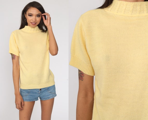 Yellow Sweater Top Mock Neck Knit Top Pastel Sweater Shirt 1980s Vintage Cable Knit Shirt Short Sleeve 80s Vintage Small
