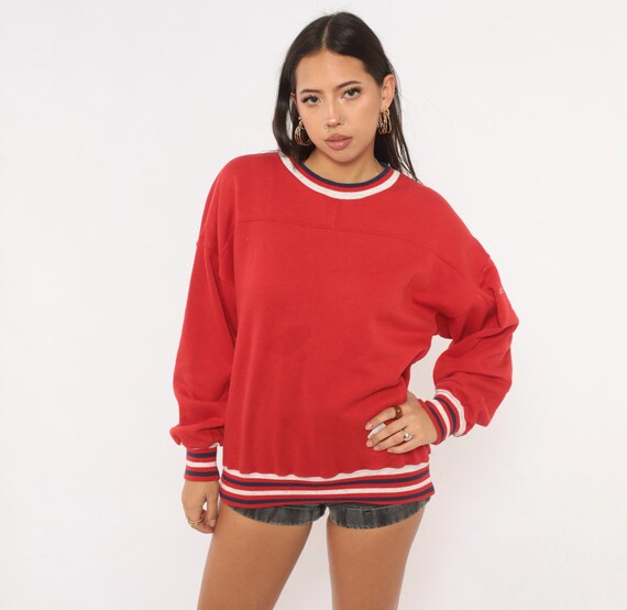 90s Red Sweatshirt Striped Rib Trim Crewneck Pullover Navy White Cotton Preppy Collegiate Golf Club Slouchy Knit Top Vintage Medium M