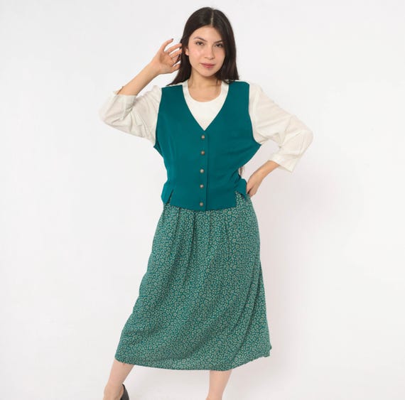 90s Ditsy Floral Midi Dress Teal Green White Tie Back Button Front Vest Bodice Pleated Skirt Prairie Cottagecore Olivia Rose Vintage Large L