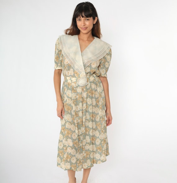 90s Floral Wrap Dress Midi Dress Sheer Shawl Collar Muted Flower Print Boho Romantic Vintage 1990s High Waisted Short Puff Sleeve Medium