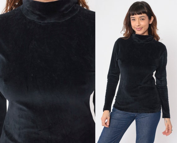 Black Velvet Shirt 90s Turtleneck Blouse Long Sle… - image 1