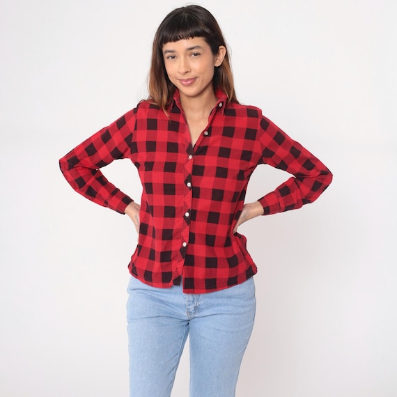 90s Flannel Shirt Red Black Buffalo Plaid Check Long Sleeve Cotton Grunge Vintage Checkered Lumberjack Style Collared Classic Extra Small XS