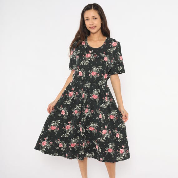 Dark Floral Midi Dress 90s Rose Print Black Pink Elastic Waist  Cotton Garden Prairie Cottagecore Vintage Summer Spring Tea Frock Medium M