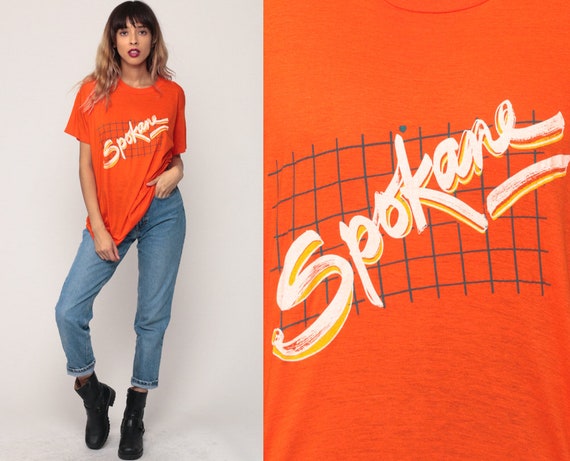 Spokane Shirt Washington State Shirt Retro TShirt 80s Burnout Tee Vintage T Shirt 90s Graphic Travel Tee Paper Thin Orange Extra Large xl
