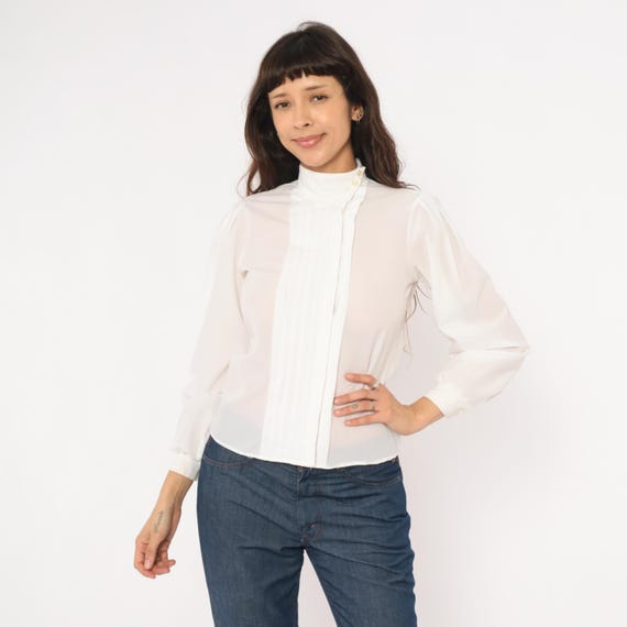 80s Pintuck Blouse White High Neck Puff Sleeve Button Collar Pleated Front Shirt Victorian Top Cream Tuxedo Office Feminine Vintage Small S