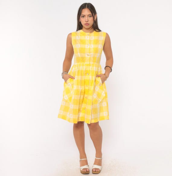 60s Gingham Sundress Yellow White Check Cotton Sleeveless Button Front Pleated Skirt Crew Neck Bias Pocket Knee Length Vintage Extra Small