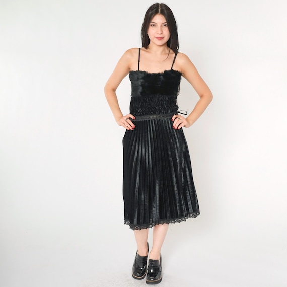 Y2K Black Party Dress Faux Fur Velour Going Out Dress Midi Pleated Cocktail 00s Vintage Sleeveless Spaghetti Strap LBD Extra Small xs