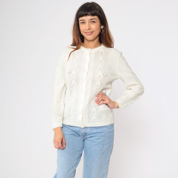 Vintage White Openwork Cardigan 80s Sheer Pointelle Cutwork Sweater Button Up V Neck Bohemian Summer Cut Out Cutout Leaf Pattern 1980s Small
