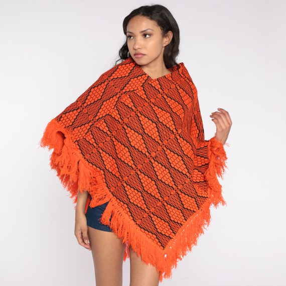 Embroidered Poncho 70s MEXICAN Poncho Neon Orange… - image 3