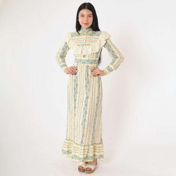 70s Floral Prairie Dress Boho Maxi Dress Lace Bib High Neck Long Sleeve Bohemian Hippie Vintage Vicky Vaughn Junior 1970s Extra Small xs 0