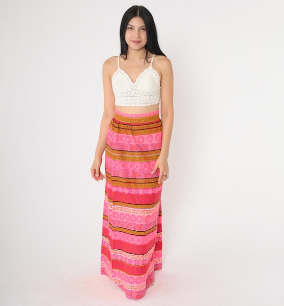 70s Maxi Skirt Hot Pink Floral Bohemian Skirt Long Psychedelic Striped High Waist Straight Skirt Olive Purple Vintage 1970s Small S