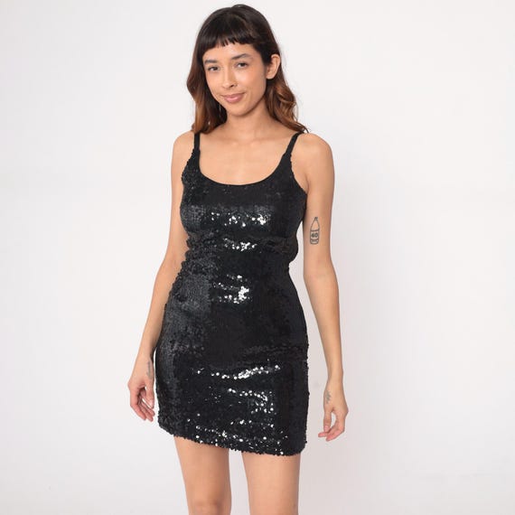 90s Black Sequin Mini Dress Party Tank Club Sparkle Cocktail Going Out Evening Scoop Neck Little Black Dress Alternative Vintage Small S
