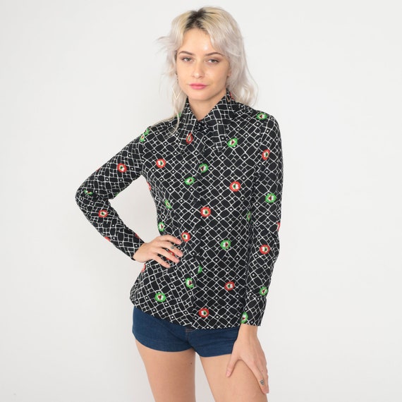 Checkered Floral Blouse 70s Button up Shirt Black Flower Print Top Long Sleeve Disco Retro Hippie Boho Dagger Collar Vintage 1970s Small
