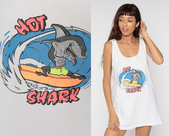 Surfer Shark Shirt 90s Hot Shark Surfing Neon Shark Print White Tank Top Funny 1990s Retro Summer Shirt 80s Beach Tee Vintage Extra Large XL