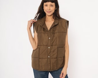 Chaleco acolchado marrón de los 80 con cierre de botones, chaqueta sin mangas color chocolate, estilo gorpcore, para actividades al aire libre, senderismo, camping, capas, estilo universitario, preppy, talla L
