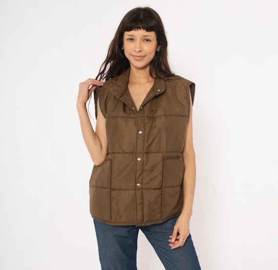 80s Brown Puffer Vest Snap Front Quilted Chocolate Sleeveless Jacket Gorpcore Outdoor Hiking Camping Layering Collegiate Preppy Large L