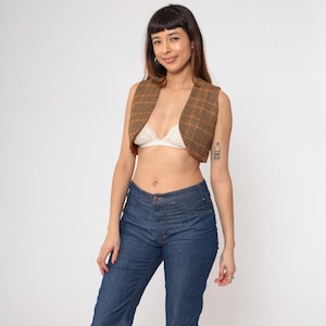 70s Cropped Plaid Vest Vintage Open Front Vest Top Brown Orange Wool Blend Tweed Checkered Sleeveless Preppy Professor 1970s Extra Small xs