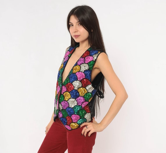 Rainbow Sequin Vest 90s Multicolor Waistcoat V Neck Sleeveless Mosaic Scale Pattern Black Tie Back Disco Party Fish Scales Vintage Large L