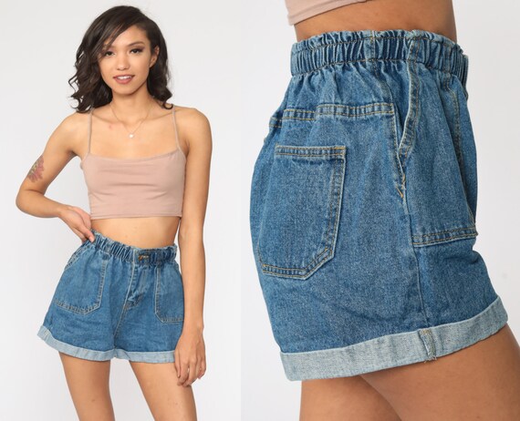 90s Denim Shorts Paper Bag Shorts Elastic Waist Bl