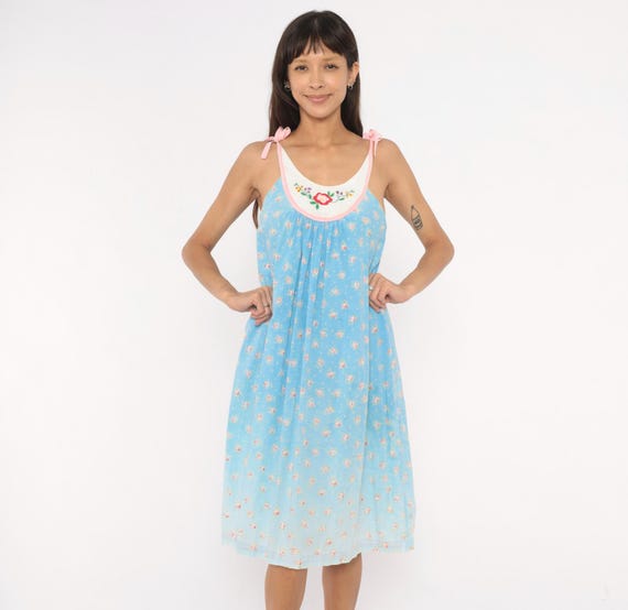 Distressed 80s Embroidered Floral Nightgown Baby Blue Cotton Babydoll Dress Pink Tie Shoulder Strap Cottagecore Sundress Rose Print Small S