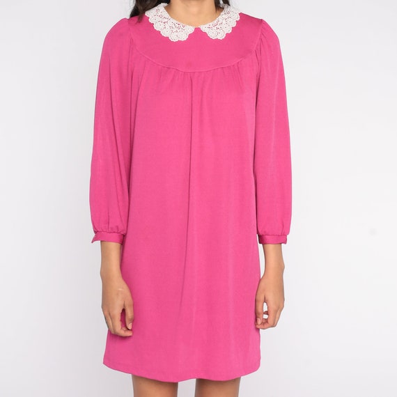 Pink Mini Dress 80s Lace Collar Tent Dress Long S… - image 6