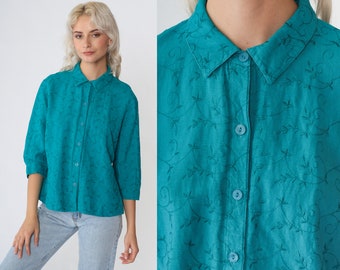 Embroidered Blouse 90s Teal Button up Shirt Leaf Vine Print 3/4 Sleeve Collared Shirt Boho Hippie Blue Green Vintage 00s Petite Large L 12