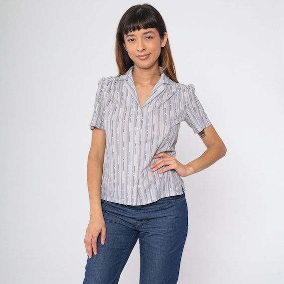 70s Puff Sleeve Blouse Grey Broken Stripe Print Shirt 80s Button Up Shirt Preppy Blouse Vintage 70s Short Sleeve Blouse Retro 1970s Small S