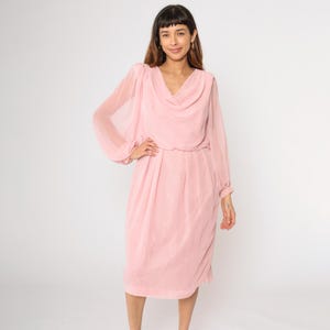 Vintage Pink Chiffon Dress 80s Cowl Neck Party Dress Puff Sleeve Formal Evening Pastel Draped Midi High Waist Retro 1980s Medium M