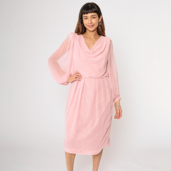 Vintage Pink Chiffon Dress 80s Cowl Neck Party Dress Puff Sleeve Formal Evening Pastel Draped Midi High Waist Retro 1980s Medium M