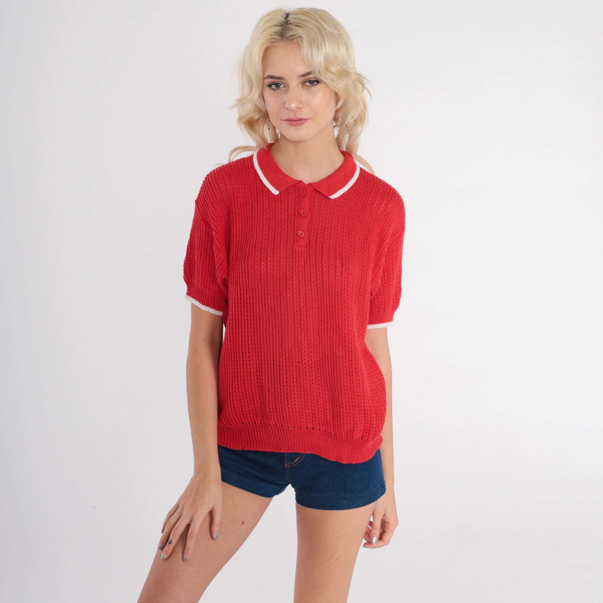 Red Knit Polo Shirt 80s Semi-Sheer Top Pointelle Cutout Retro Short ...
