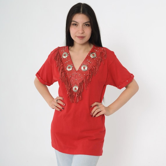 Vintage Leather Western Fringe Shirt 90s Red Concho Studded T-Shirt Southwestern Rodeo V Neck Retro Cowgirl Tee 1990s Small Medium