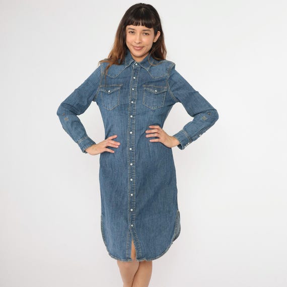 Vintage Denim Western Dress Y2K Pearl Snap Button Up Jean Dress Sheath Collared Shirtdress Retro Long Sleeve Blue Cotton Plain 00s Medium