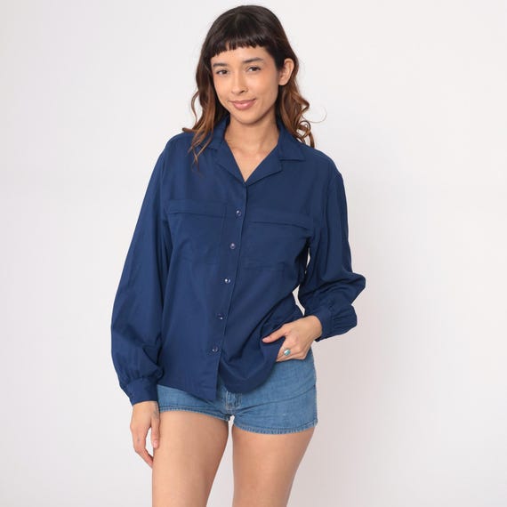 70s Navy Blue Button Up Shirt Long Sleeve Chest Pockets Notched Collar Boxy Fit Blouse Vintage Office Wear Professional Preppy Medium M