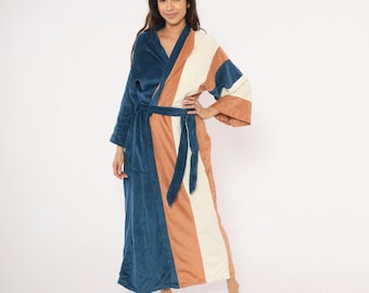 Velour Striped Kimono Robe 80s Colorblock Navy Blue Copper Cream Housecoat Loungewear Duster Wrap JCPenney Vintage Coverup One Size OS