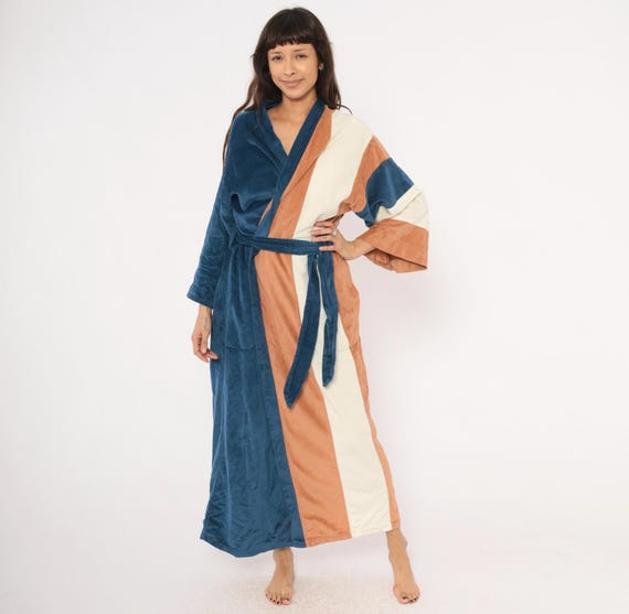 Velour Striped Kimono Robe 80s Colorblock Navy Blue Copper Cream Housecoat Loungewear Duster Wrap JCPenney Vintage Coverup One Size OS