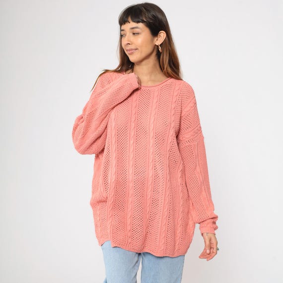 Vintage Metallic Pink Sweater Sparkly Cable Knit Sweater 90s Sheer Openwork Knit Pullover 1990s Loose Knit Pointelle Sweater Plus Size 2xl