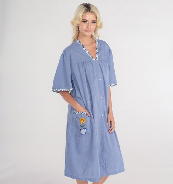 80s Lounge Dress Blue Pajama Dress Floral Embroid… - image 5