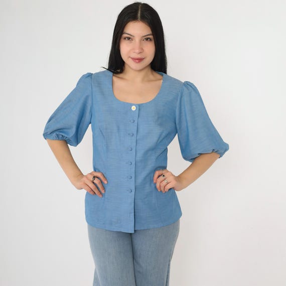 Vintage 70s Puff Sleeve Blouse Blue Princess Seam Fitted Daisy Button Up Top Retro Feminine Seventies Shirt 1970s Short Sleeve Small Medium