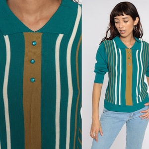 Striped Polo Sweater Teal Striped Sweater 80s Neck Knit Polo Pullover 1980s Vintage Retro Slouchy Nerd Collared Sweater Small S
