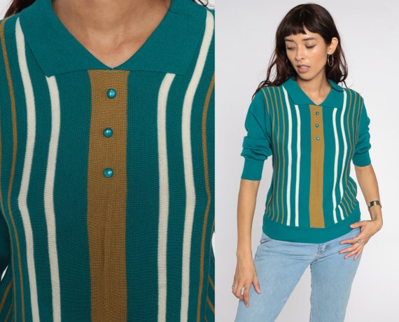 Striped Polo Sweater Teal Striped Sweater 80s Neck Knit Polo Pullover 1980s Vintage Retro Slouchy Nerd Collared Sweater Small S