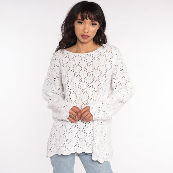 90s Crochet Sweater Sheer White Pullover Boho Ope… - image 2