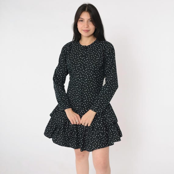 Vintage Black Flounce Dress 80s Polka Dot Mini Dress Button Up Long Sleeve Ruffle Tiered Low Drop Waist Retro Cute 1990s Cotton Small S