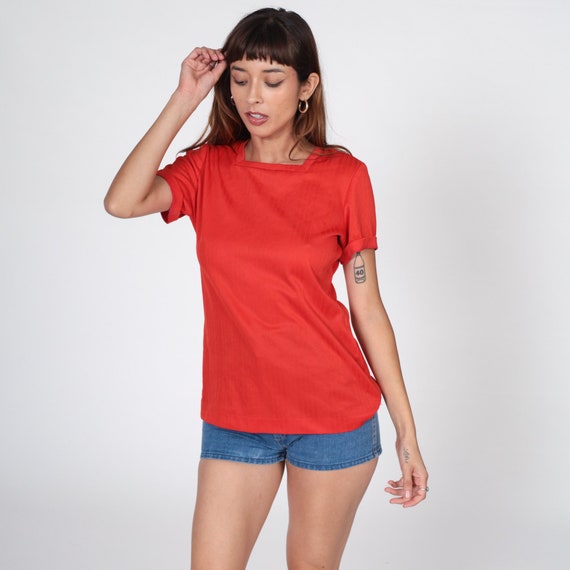 Red Ribbed Top 70s Shirt Square Neck Shirt Simple Polyester Shirt Short Sleeve Vintage 1970s Tee Retro Shirt Plain Top Large