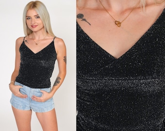 Sparkly Tank Top 90s Black Metallic Blouse V Neck Spaghetti Strap Shirt Retro Clubwear Party Glam Going Out Top Vintage 1990s Small S