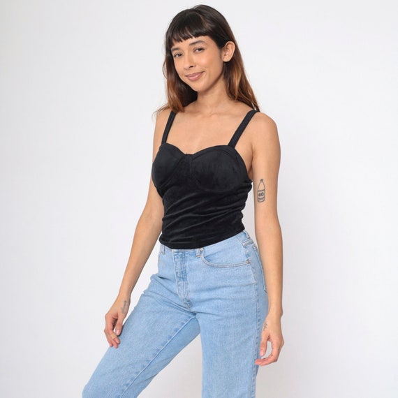 Velvet Tank Top Black Bustier Shirt 90s Stretch Velour Blouse 1990s Sleeveless Top Vintage Glam Party Going Out Fitted Small xs s
