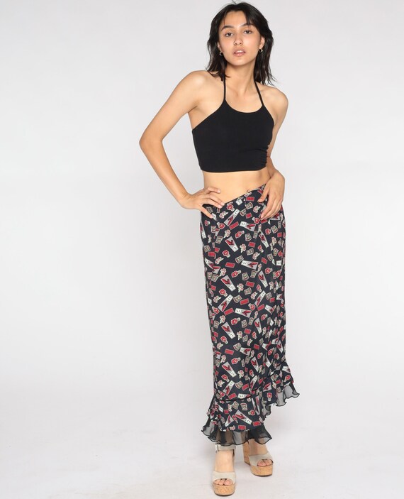 Wild Horse Skirt Y2k Black Maxi Skirt High Waist Ruffled Long Skirt Hippie Festival Horses Floral Horseshoe Print 00s Vintage Rayon Small S