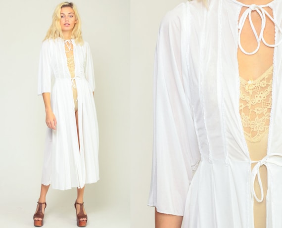 White Robe Lingerie Jacket 70s White Robe Midi Lingerie Bohemian Robe PLEATED Boho Semi-Sheer Bridal 1970s Vintage Small