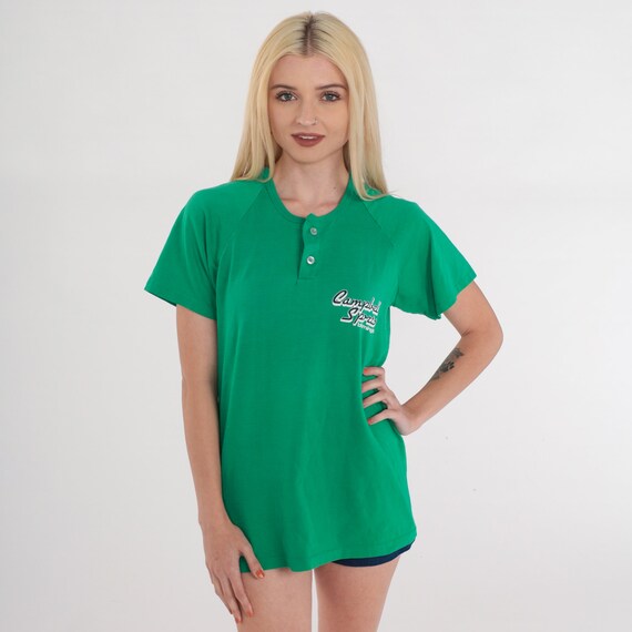 Green Henley Shirt 80s Campbell Sports Jersey T-Shirt Number 11 Bloomington Logo Single Stitch Raglan Sleeve Button up Vintage 1980s Medium